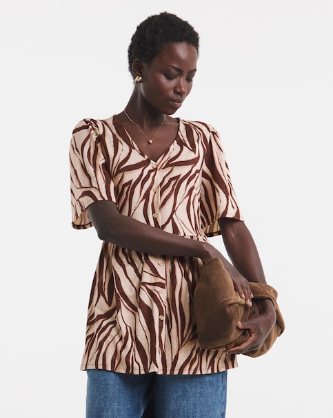 Brown Print Angel Sleeve Button Front Longline Top