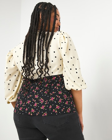 V-Neck Balloon Sleeve Mixed Print Top