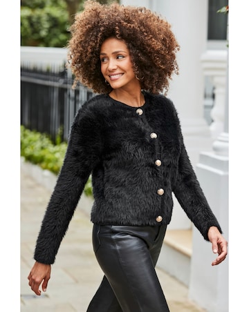 Sosandar Fluffy Teddy Gold Button Cardi