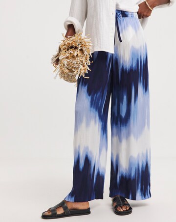 Blue Tie Dye Crinkle Shirred Waist Wide Leg Trousers