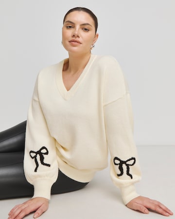 Simply Be Cream Bow Sleeve V Neck Longline Jumper