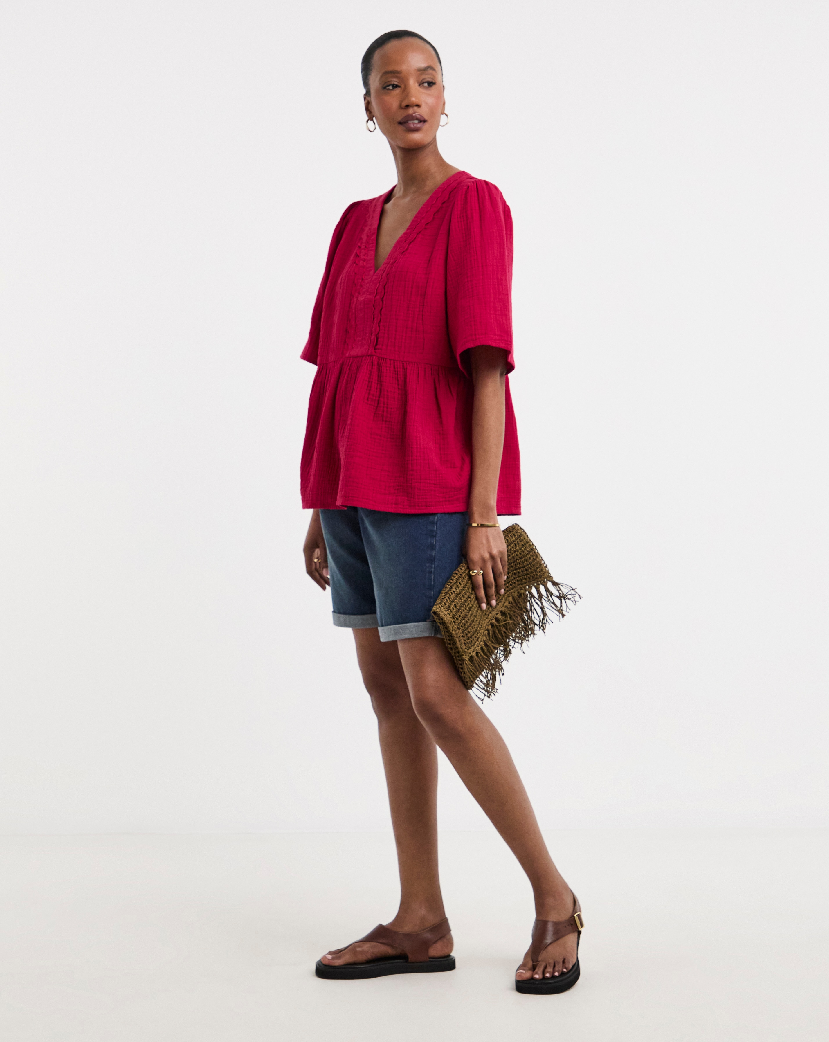 Trim Detail Pure Cotton Textured Short Sleeve Smock Top | Ambrose