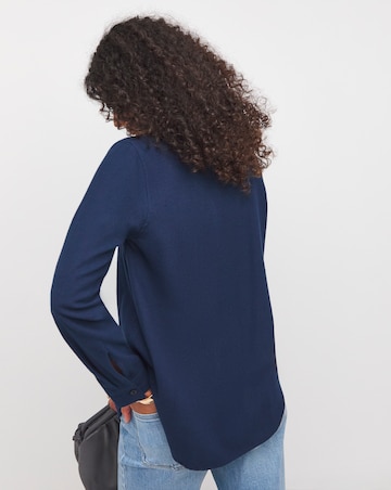 Womens Brushed Cotton V Neck Long Sleeve Blouse - Navy