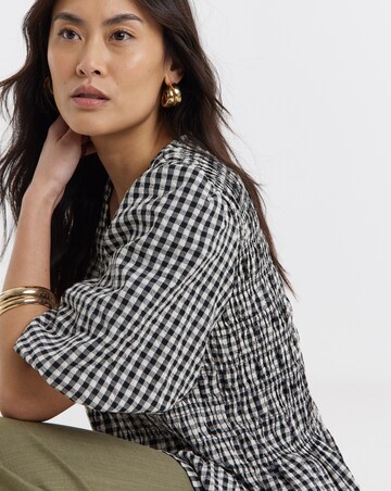 Shirred Gingham V Neck Peplum Blousey