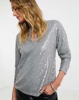 Sequin Keyhole Blouson Sleeve Top