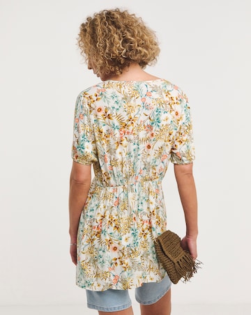 Multi Floral Short Sleeve Button Front Ladder Trim Crinkle Top