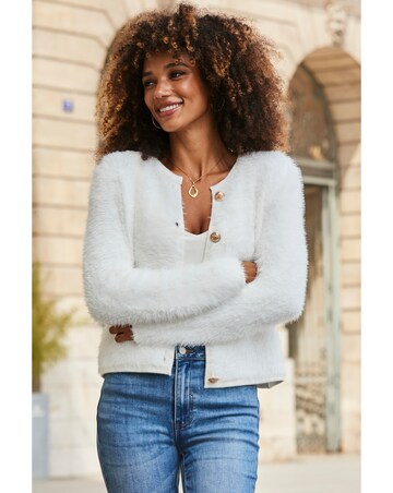 Sosandar Crew Neck Fluffy Cardigan