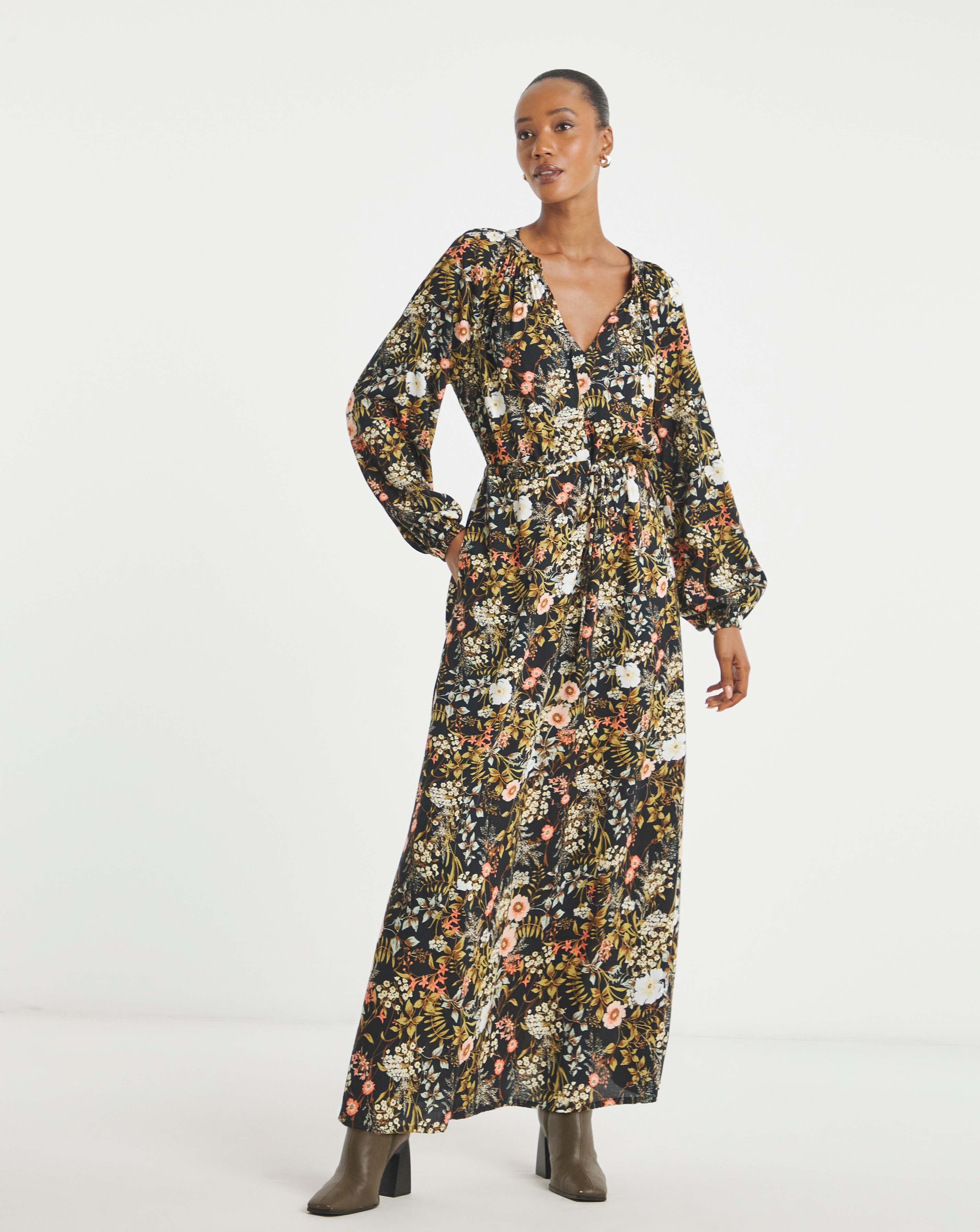 Collarless Placket 3/4 Sleeve Smock Dress | Ambrose Wilson