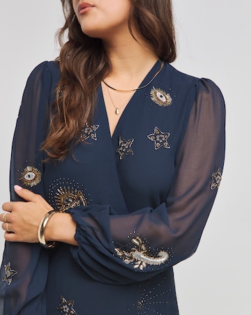 Hope & Ivy Kai Navy Embroidered Wrap Dress