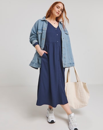Navy Waffle Button up Midi Dress With Pockets