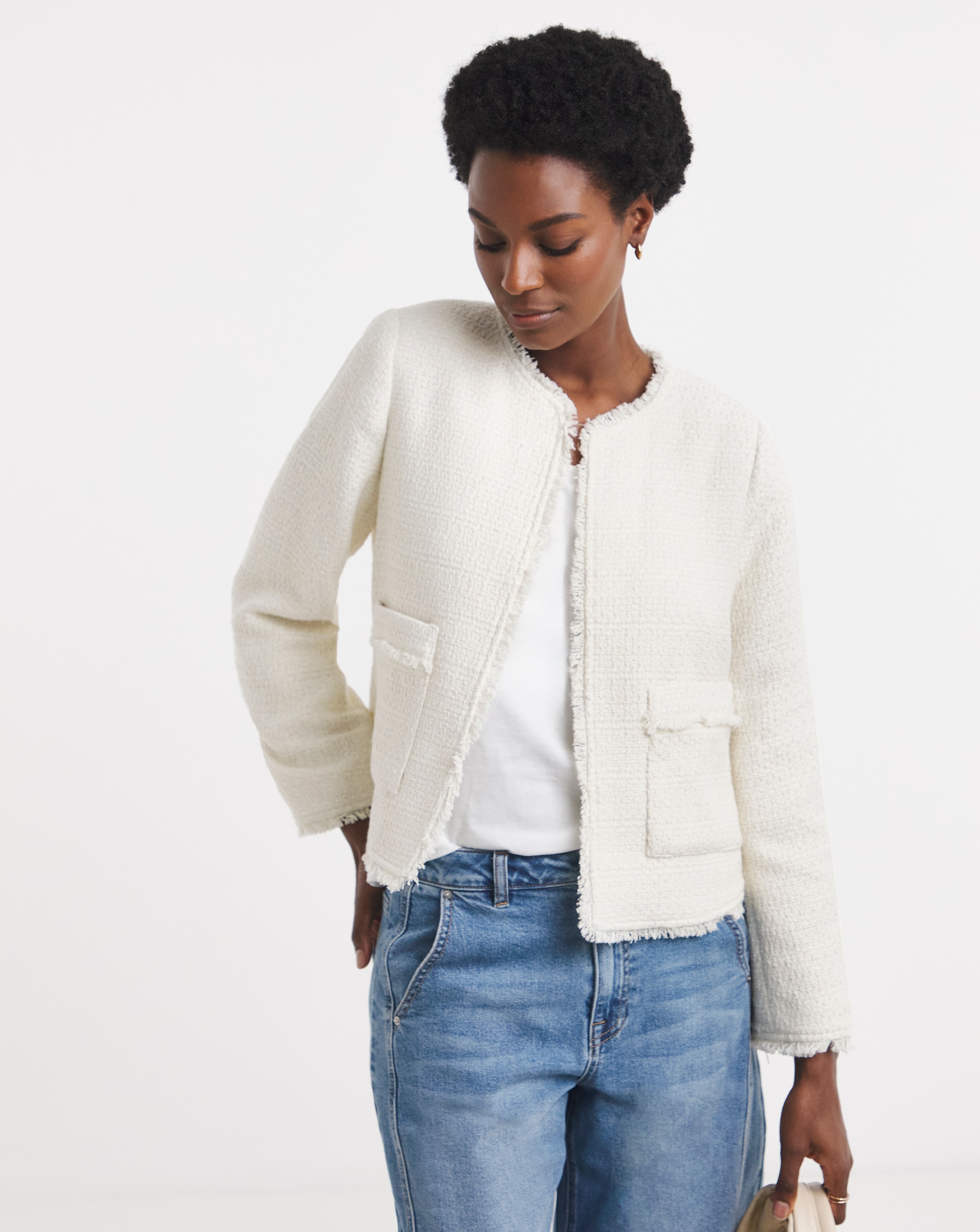 Indigo Boucle Peplum Collarless Denim Jacket | Ambrose Wilson