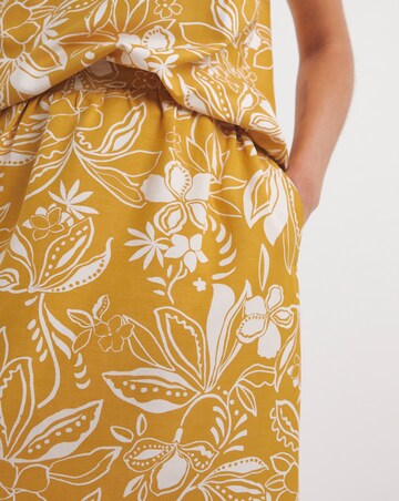 Yellow Print Linen Mix Midi Skirt