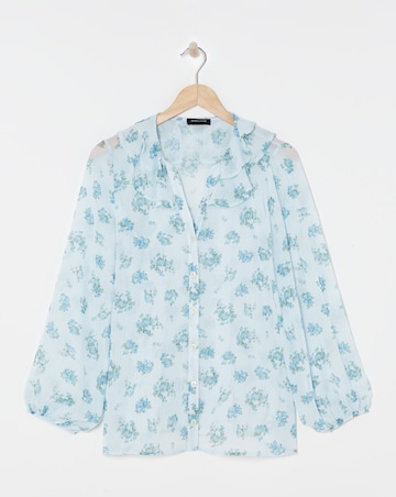 Womens Chiffon Frill Neck Long Sleeve Blouse - Blue Print