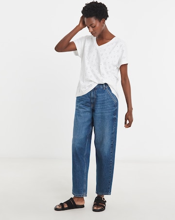 Pure Cotton White V-Neck Broderie Short Sleeve T-Shirt