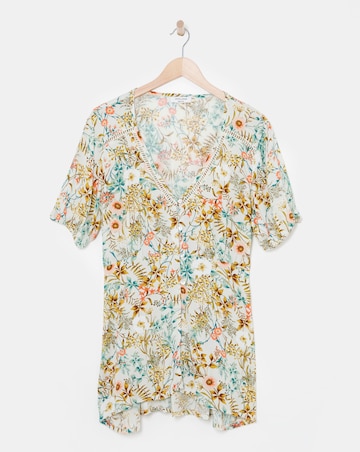 Multi Floral Short Sleeve Button Front Ladder Trim Crinkle Top
