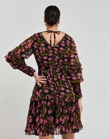 Black Floral Shirred Cuff Sleeve Skater Dress