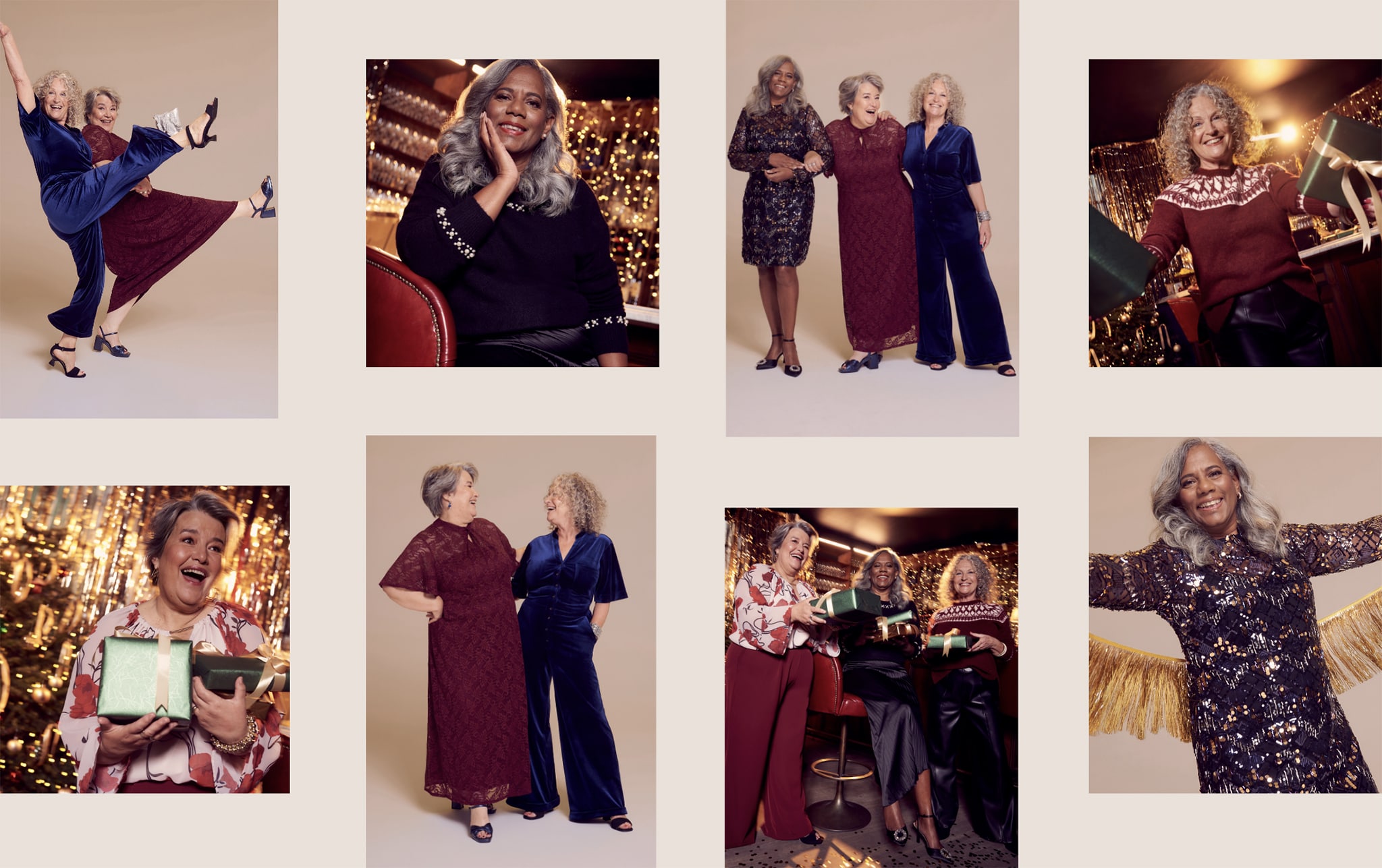 A montage of women wearing Christmas outfit shots