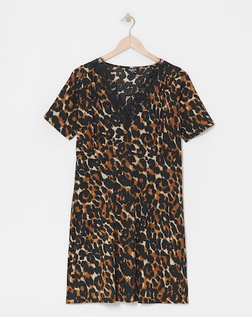 Leopard Print Waffle Lace Trim Skater Dress