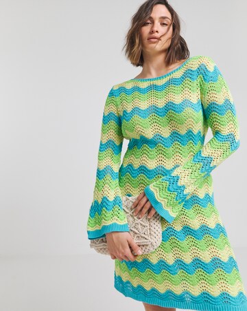 Colourful Crochet Look Wave Stitch Tie Back Knitted Mini Dress