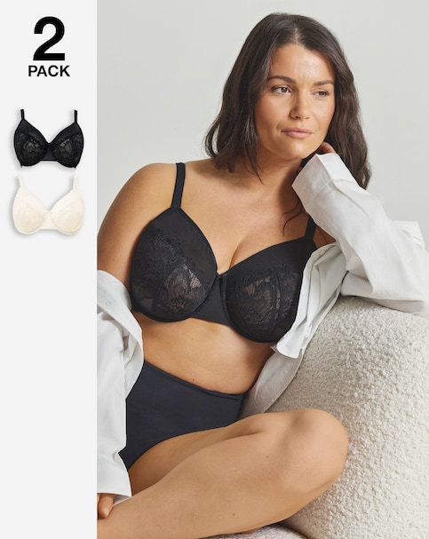 Pretty Secrets (2 Pack) Willow Stretch Lace Minimiser Bras (DD-H) Black/Cream