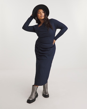 Navy Ruched Textured Jersey Midi Dress