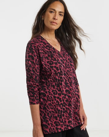 Red Print V-Neck Split Hem Slouch T-Shirt