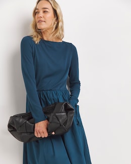 Slash Neck Ribbed Poplin Skirt Dress