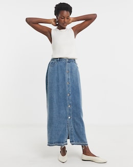 Button Front Midi Denim Skirt with Tencel&trade; Lyocell