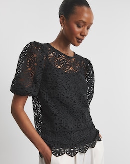 Joanna Hope Crochet Blouse With Puff Sleeves