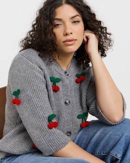 Simply Be Grey Short Sleeve Cherry Applique Cardigan