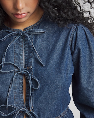 Dark Blue Tie Front Denim Peplum Blouse