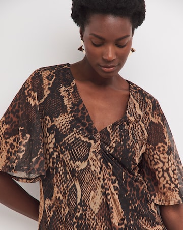 Printed Mesh V-Neck Angel Sleeve Top