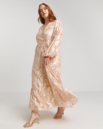 Lovedrobe Jaquard Foil Long Sleeve Wrap Front Midaxi Dress