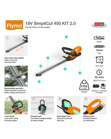 Flymo 18V SimpliCut 450 Cordless Hedge Trimmer 2.0Ah Battery & Charger