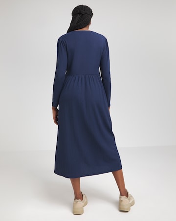 Navy Waffle Button up Midi Dress With Pockets