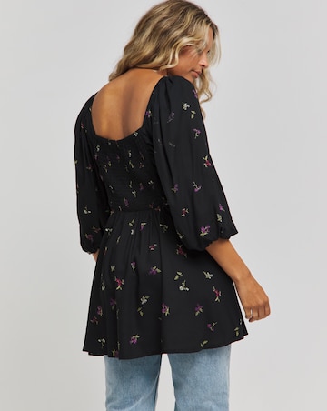 Black Ditsy Square Neck Blouse