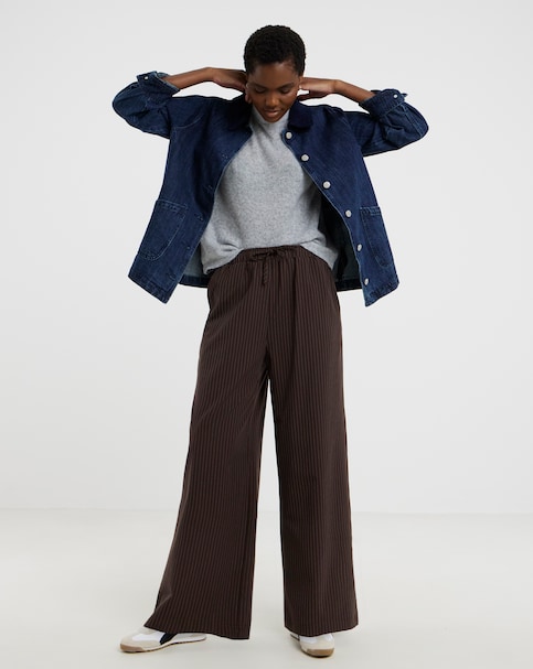Pinstripe Drawstring Wide Leg Trousers - Chocolate