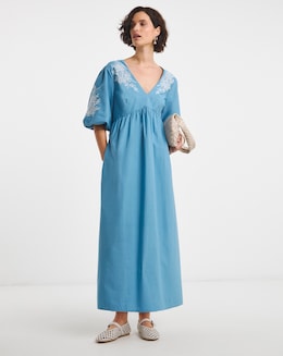 Pure Cotton Embroidered Puff Sleeve Dress