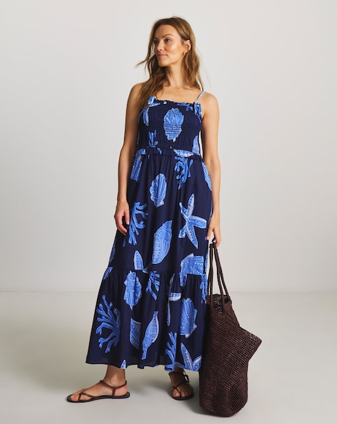 MAGISCULPT Cotton Shirred Maxi Beach Dress Shell Print