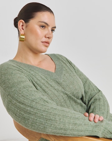 Simply Be Sage Rib Flute Sleeve V Neck Mini Dress