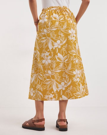 Yellow Print Linen Mix Midi Skirt
