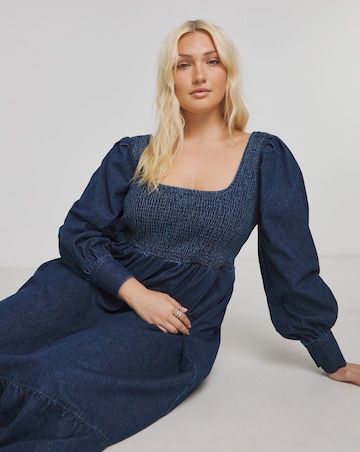 Simply Be Dark Blue Denim Shirred Maxi Smock Dress