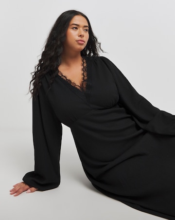 Black Long Sleeve Waffle Lace Trim Midi Dress