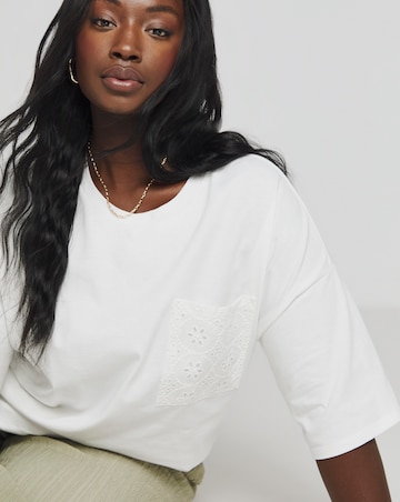 Simply Be White Broderie Pocket T-Shirt