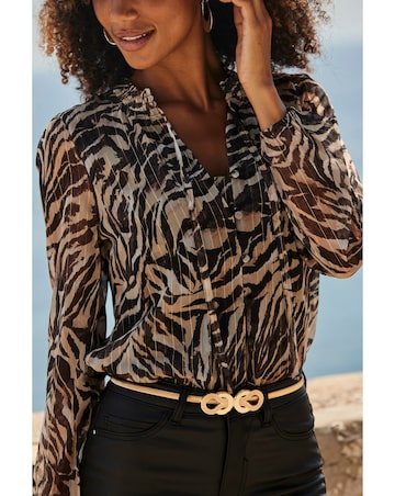 Sosandar Zebra Print Lurex Stripe Tie Neck Blouse