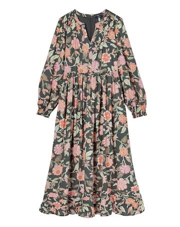 Joules Heather Floral Cotton Dress With Pleat Deataling