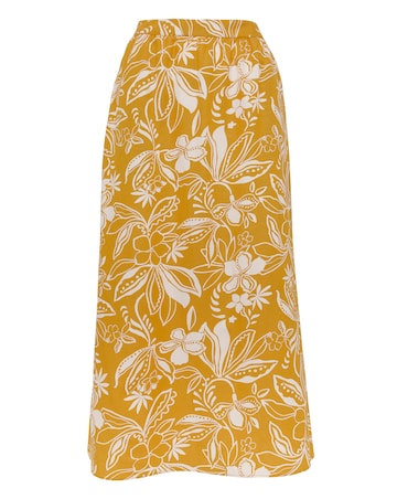 Yellow Print Linen Mix Midi Skirt