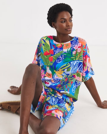 Linen Mix Border Print Boxy Top