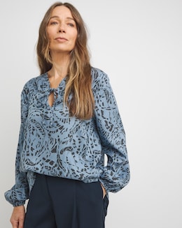 Tie Detail Ruched Long Sleeve Blouse - Blue Abstract