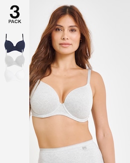 Pretty Secrets (3 Pack) Cotton T-Shirt Wired Bras (B-F) Grey/White/Navy
